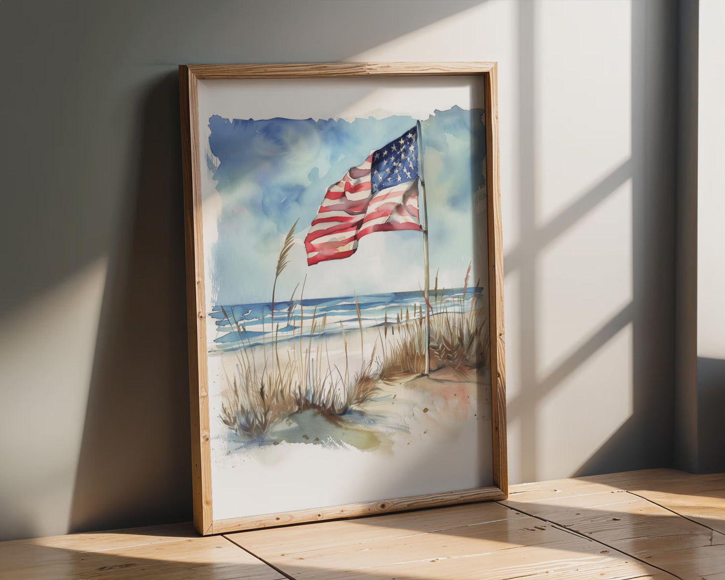 American Flag Beach Canvas Wall Art, Watercolor Coastal Patriotic Decor
