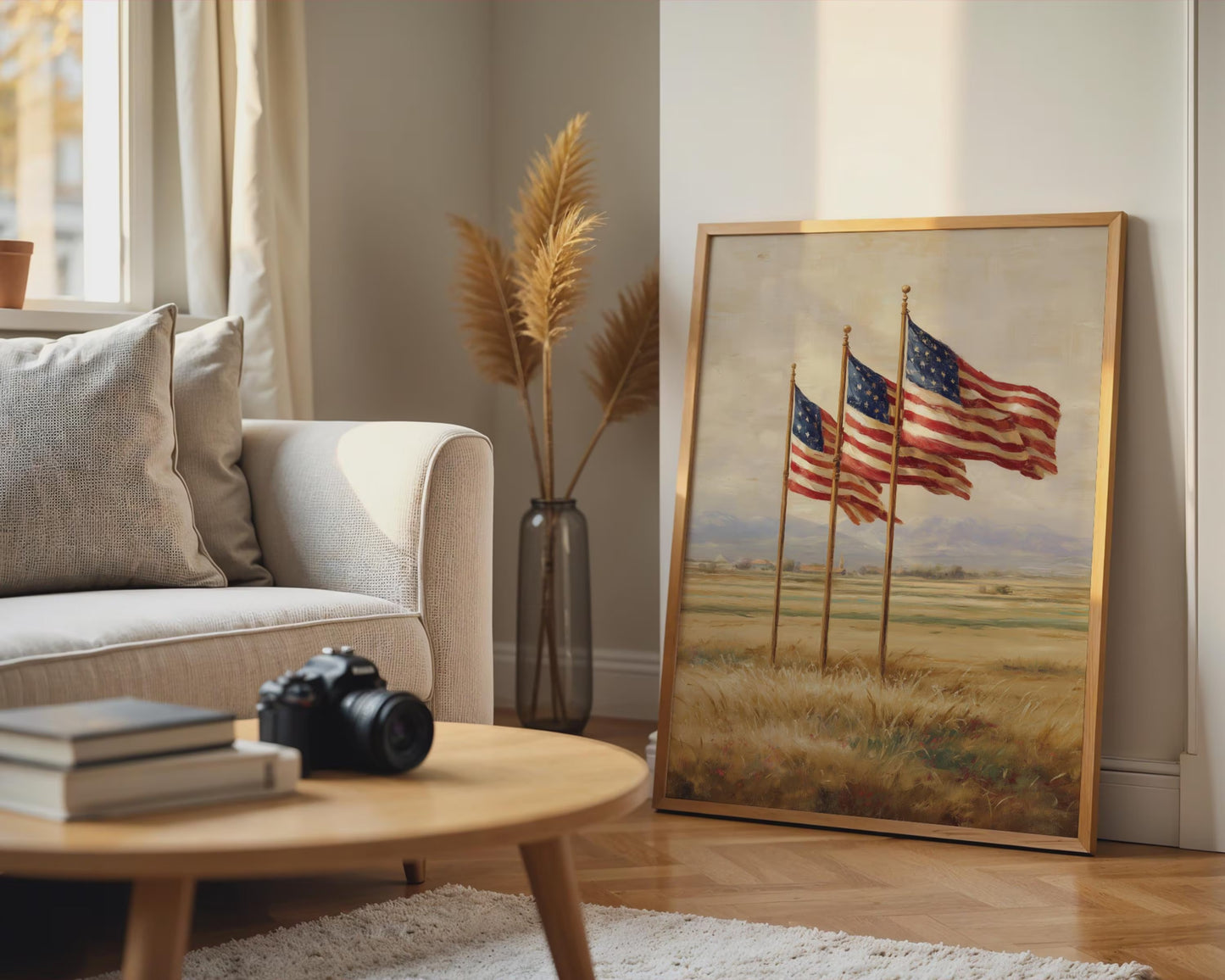 Rustic American Flags Field Canvas Wall Art, Beige Farmhouse Patriotic Decor