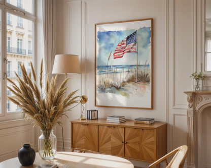 American Flag Beach Canvas Wall Art, Watercolor Coastal Patriotic Decor
