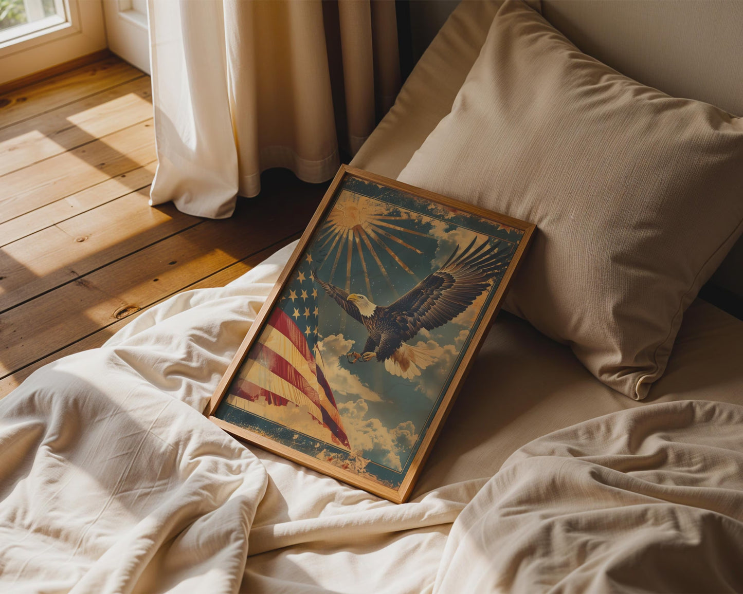 Vintage Bald Eagle American Flag Canvas Wall Art