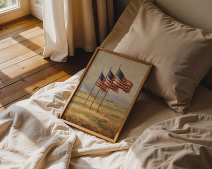Rustic American Flags Field Canvas Wall Art, Beige Farmhouse Patriotic Decor