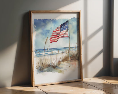 American Flag Beach Canvas Wall Art, Watercolor Coastal Patriotic Decor