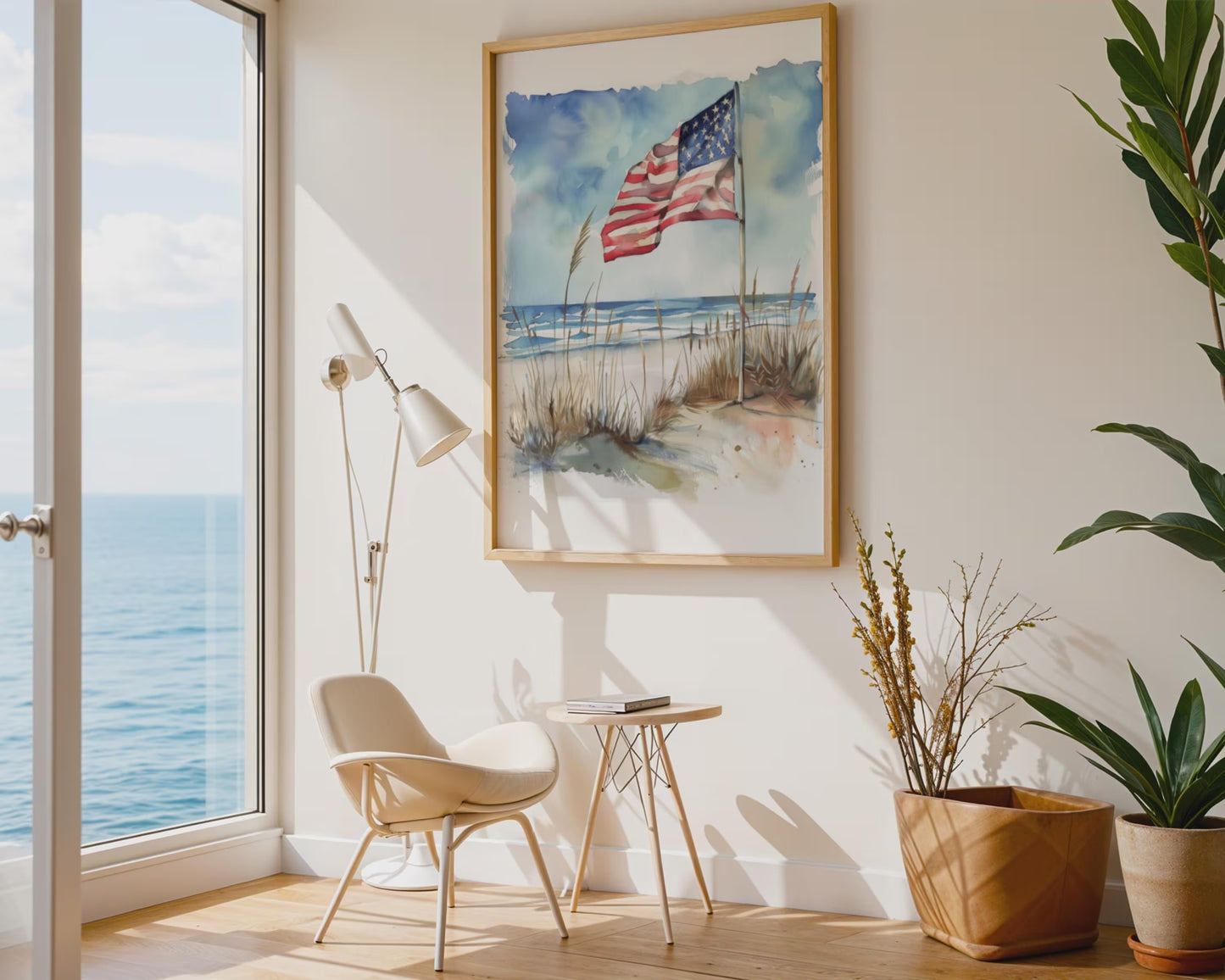 American Flag Beach Canvas Wall Art, Watercolor Coastal Patriotic Decor