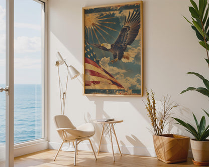 Vintage Bald Eagle American Flag Canvas Wall Art