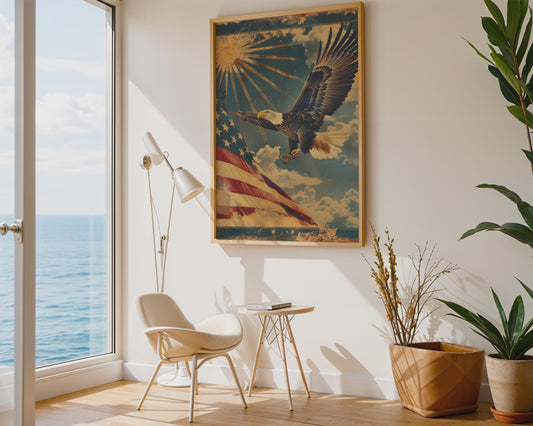 Vintage Bald Eagle American Flag Canvas Wall Art