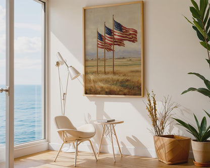 Rustic American Flags Field Canvas Wall Art, Beige Farmhouse Patriotic Decor