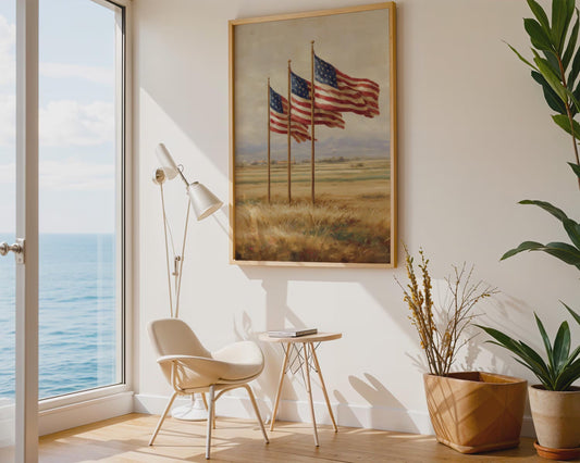 Rustic American Flags Field Canvas Wall Art, Beige Farmhouse Patriotic Decor