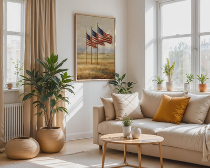 Rustic American Flags Field Canvas Wall Art, Beige Farmhouse Patriotic Decor