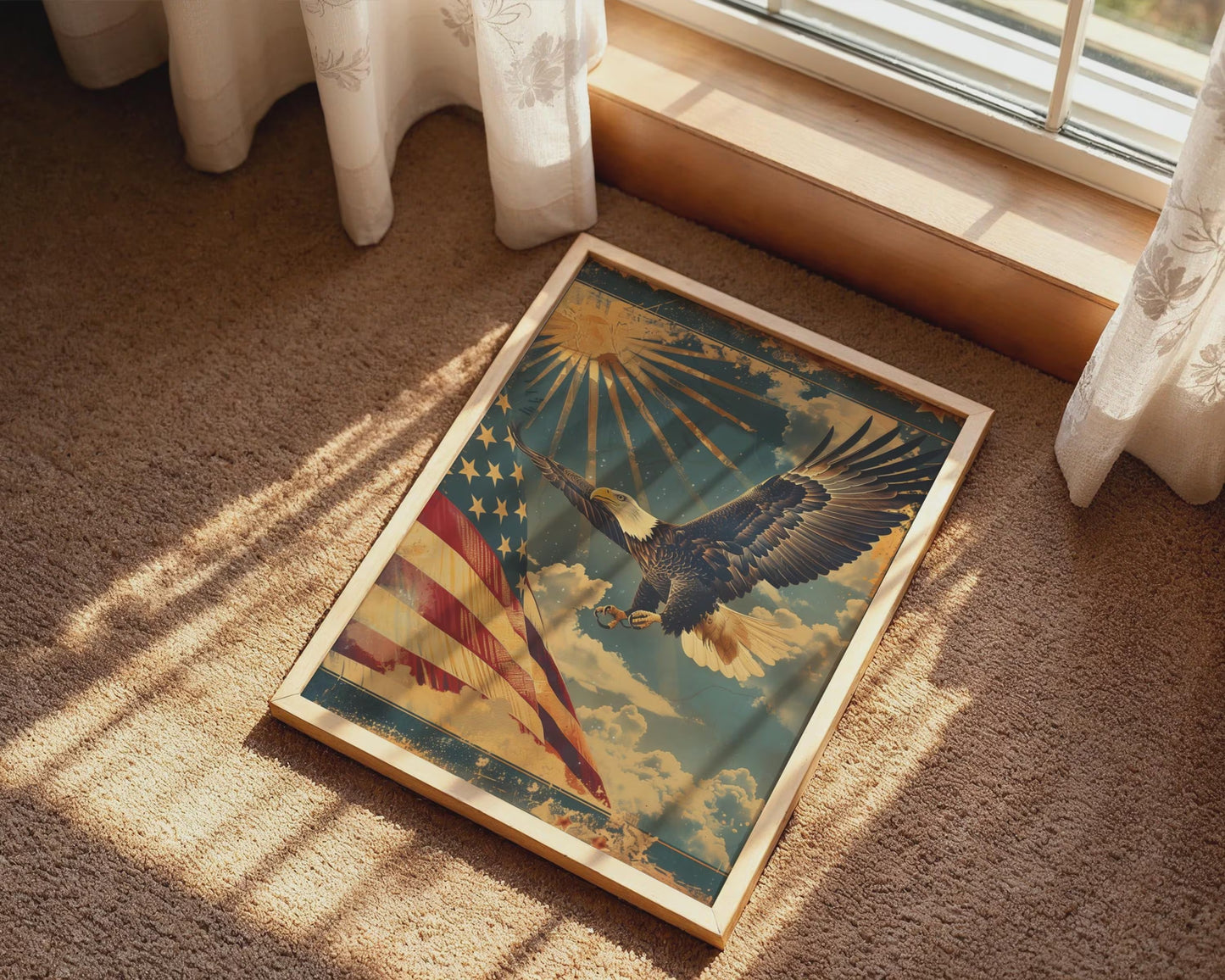 Vintage Bald Eagle American Flag Canvas Wall Art