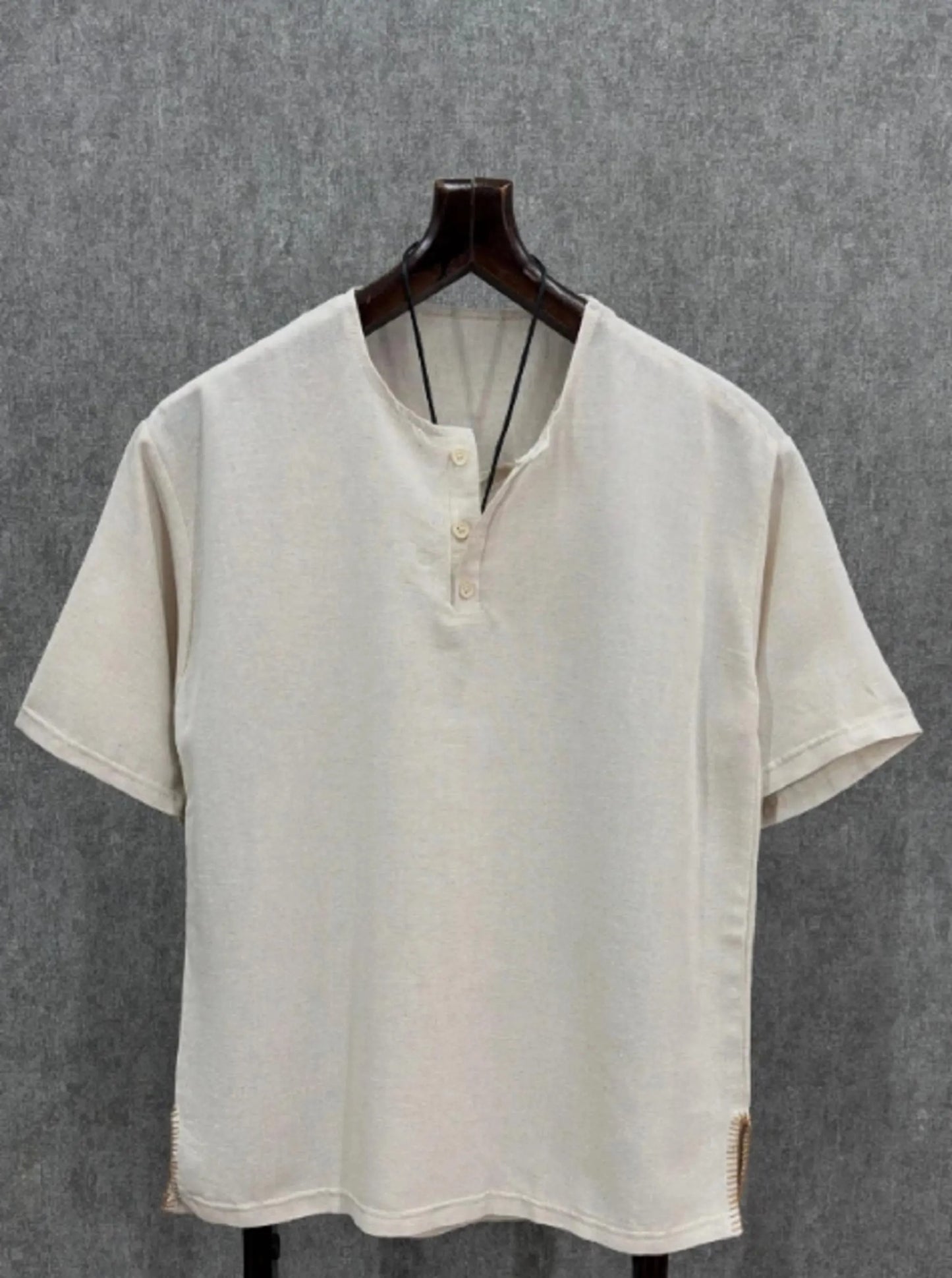 Cotton Linen Beige T-Shirt , Men's Short Sleeve Crew Neck Tee