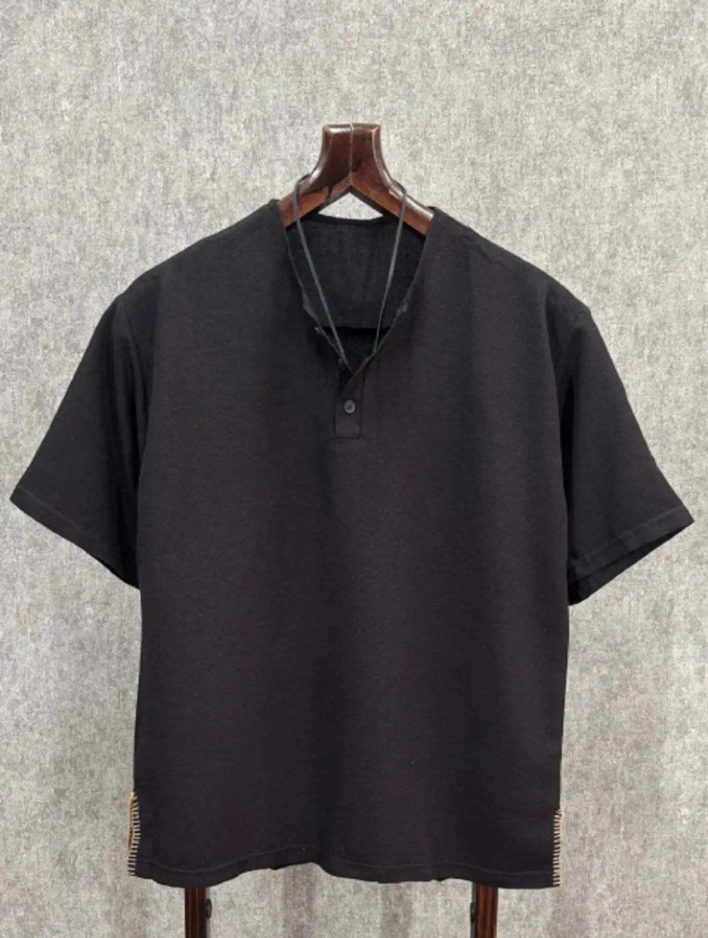 Cotton Linen Black T-Shirt , Men's Short Sleeve Crew Neck Tee