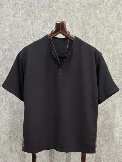Cotton Linen Black T-Shirt , Men's Short Sleeve Crew Neck Tee