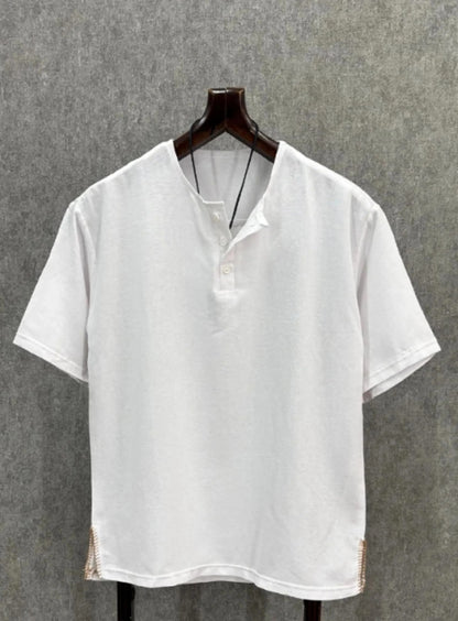 Cotton Linen White T-Shirt , Men's Short Sleeve Crew Neck Tee